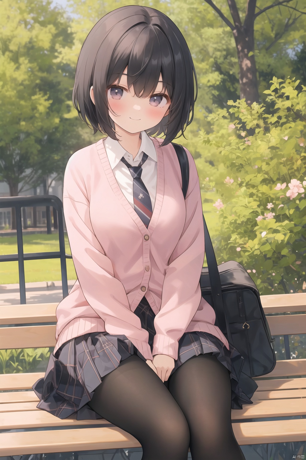 chen_bin,1girl,check skirt,school uniform,smile,black short hair,necktie,bag,cardigan, looking at viewer,blazer,plaid,plaid skirt,black pantyhose,school bag,hands on legs,smile,closed_mouth,sitting on bench,Sakura trees,outdoor


