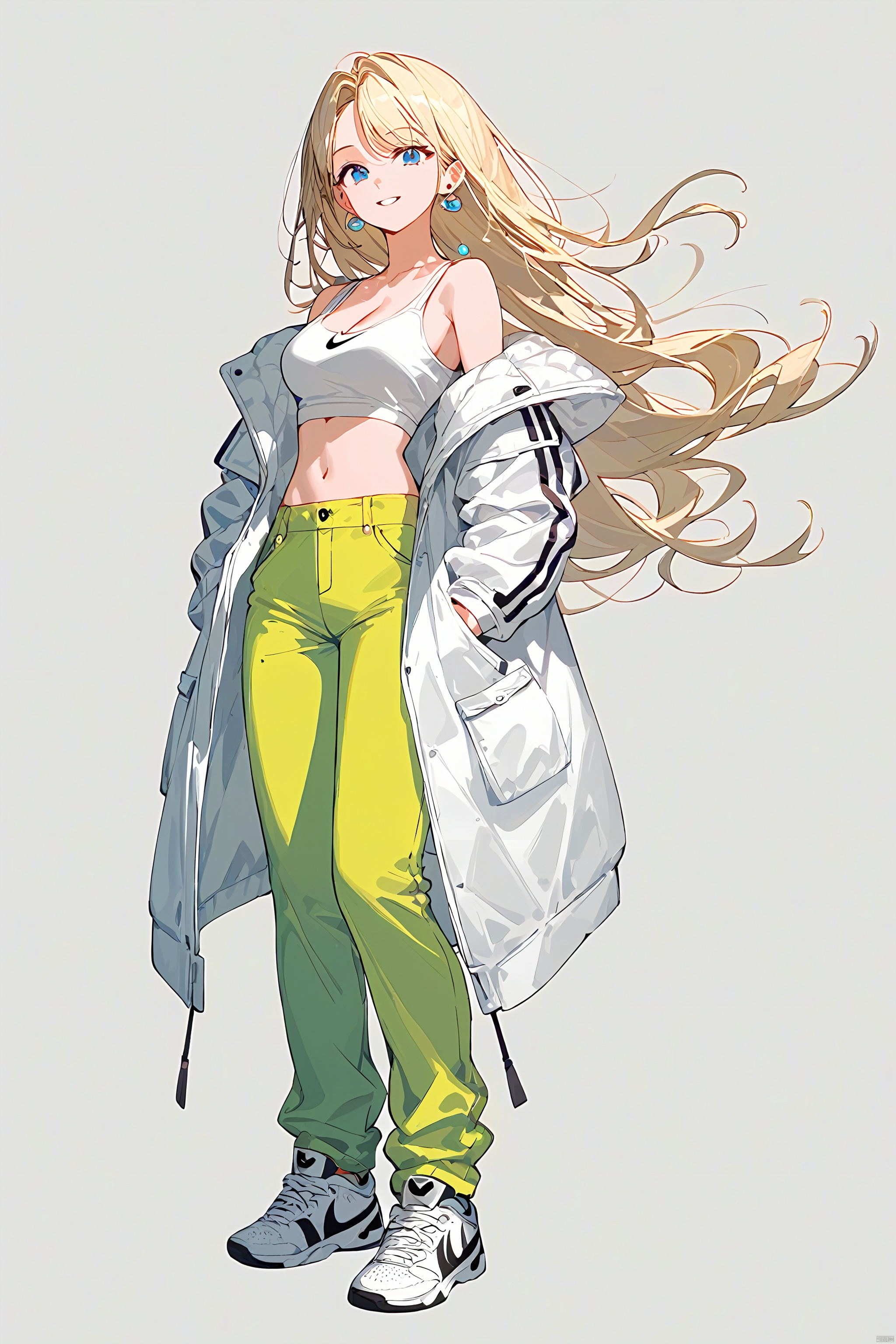  (score_9_up,score_8_up),(best quality), ((masterpiece)), (highres), illustration, original, extremely detailed . ooo, 1girl, solo, long hair, breasts, white background, full body, simple background, blonde hair, sneakers, pants, shoes, blue eyes, looking at viewer, navel, white footwear, jewelry, earrings, crop top, off shoulder, midriff, jacket, hands in pockets, bare shoulders, green pants, smile, standing, cleavage, parted lips, open clothes, **** top, medium breasts, collarbone, open jacket, floating hair, nike, white jacket