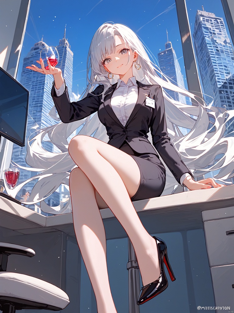  (score_9_up,score_8_up),Woman wearing business outfit, formal blazer, white blouse, heels, black high waist business skirt, beautiful, masterpiece, best quality, extremely detailed face, perfect lighting, nice hands, perfect hands, (white hair:1.2), long hair, (grey eyes:1.2), slender build, long legs, thin, medium breasts, business woman, ceo, sitting in luxurious black leather office chair, glass wall with view of nighttime city skyline in background