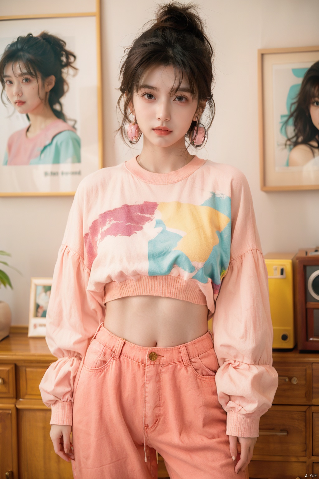  ((Masterpiece)), ((Best Quality)),80sDBA style, 1girl, solo, long hair, shirt, black hair, long sleeves, navel, jewelry, standing, cowboy shot, earrings, midriff, belt, pants, indoors, blurry, lips, crop top, hand on hip, looking to the side, multicolored clothes, pink shirt, realistic, pink pants