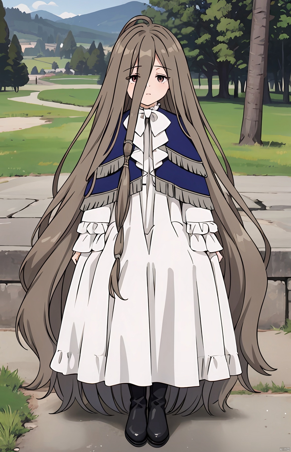  masterpiece,best quality,intricate detail,
1girl, very long hair,wavy hair, hair between eyes,hair tubes,capelet,frills,long dress,white dress,white bow,white bowtie,ribbon, long sleeves, long skirt, boots,black footwear,
outdoors,