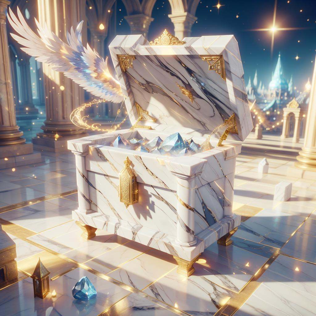 <lora:HolyMagic:0.8>, holymagic , fantasy, divine energy,  magical energy,(enchanted ancient marble chest:1.1), made of stone , full of magical gems