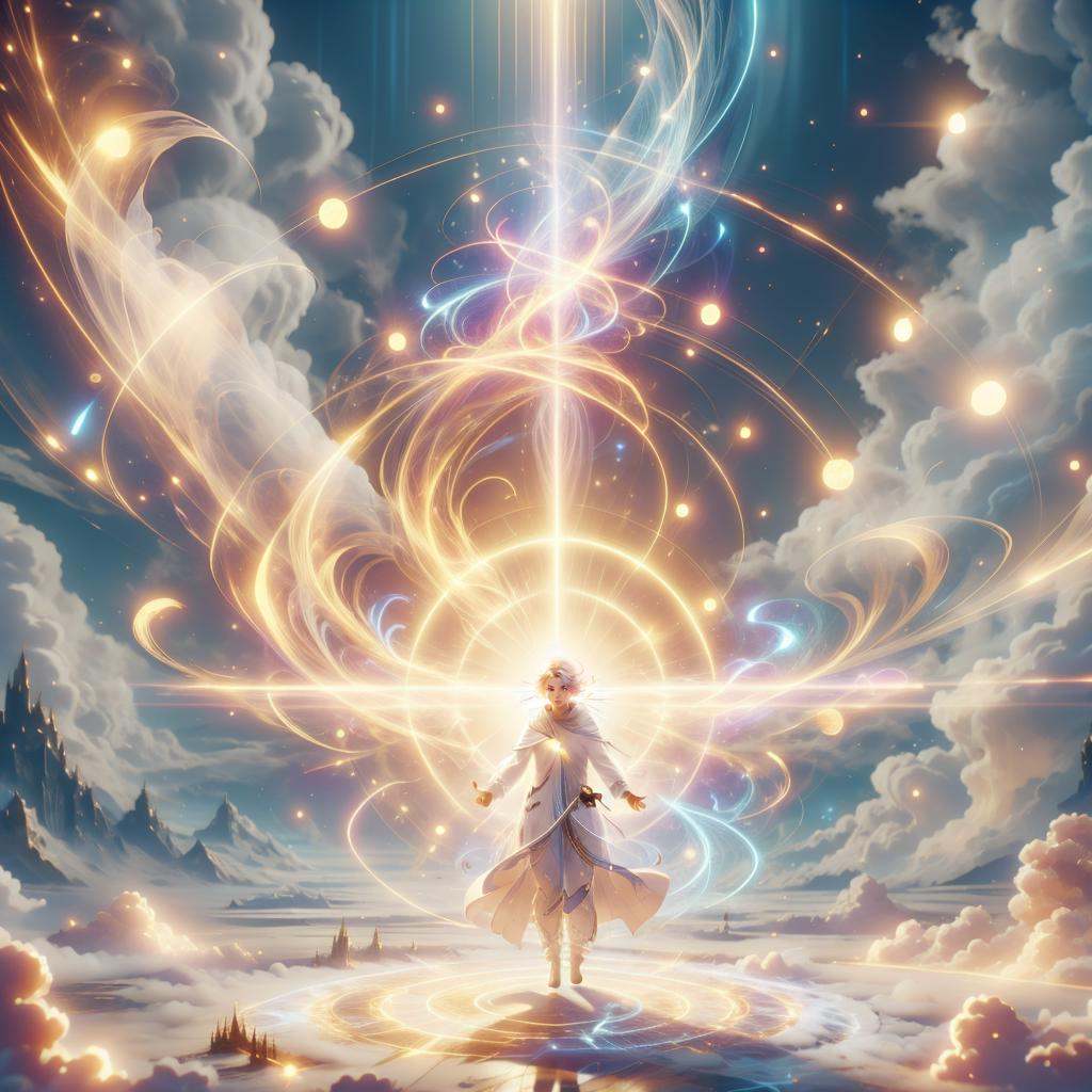 <lora:HolyMagic:0.9>, holymagic , fantasy, divine aura,  magical energy, floating, enchanted robe , holding staff, mage staff , hood down, glowing hair, 1girl,glowing eyes, short hair, cowboy shot,