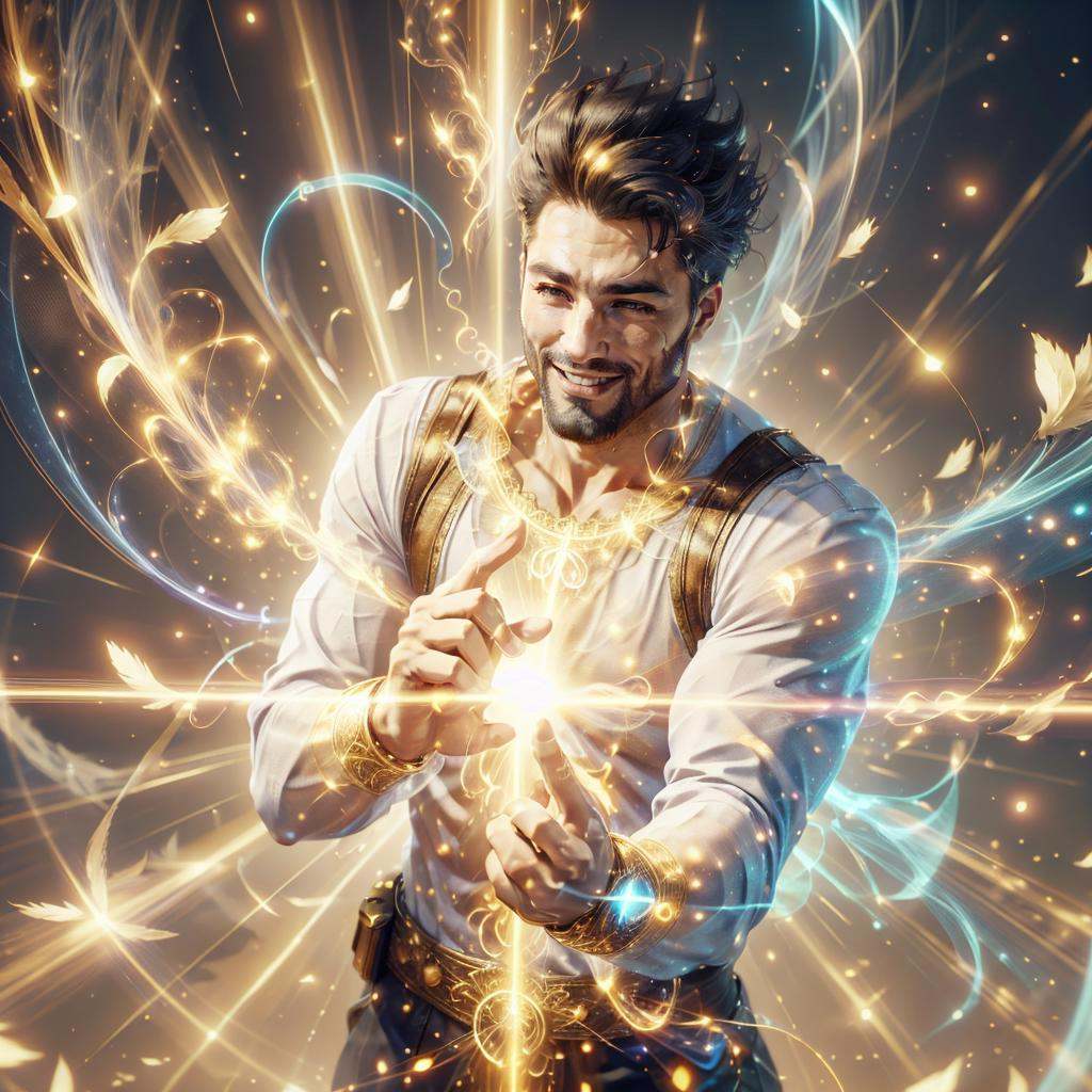 <lora:HolyMagic:0.9>, holymagic , fantasy, divine aura,  magical energy,  wizard, man, <lora:Gigachadv1:0.6> gigachad, glowing hair ,upper body, hands holding energy , closeup, light smile , glowing eye