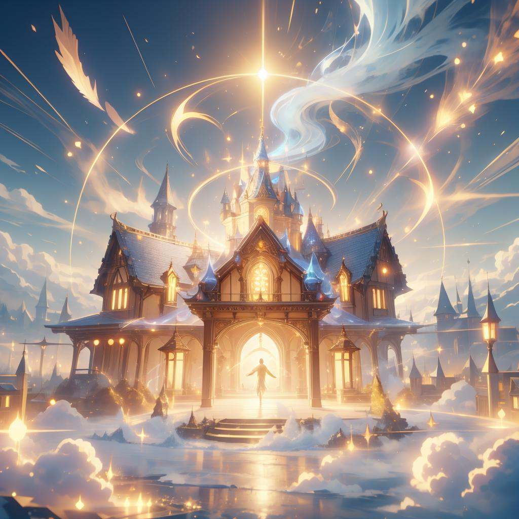 <lora:HolyMagic:0.8>, holymagic , fantasy, divine aura,  magical energy, transparent, motion blur, magical barrier over a village , a house 