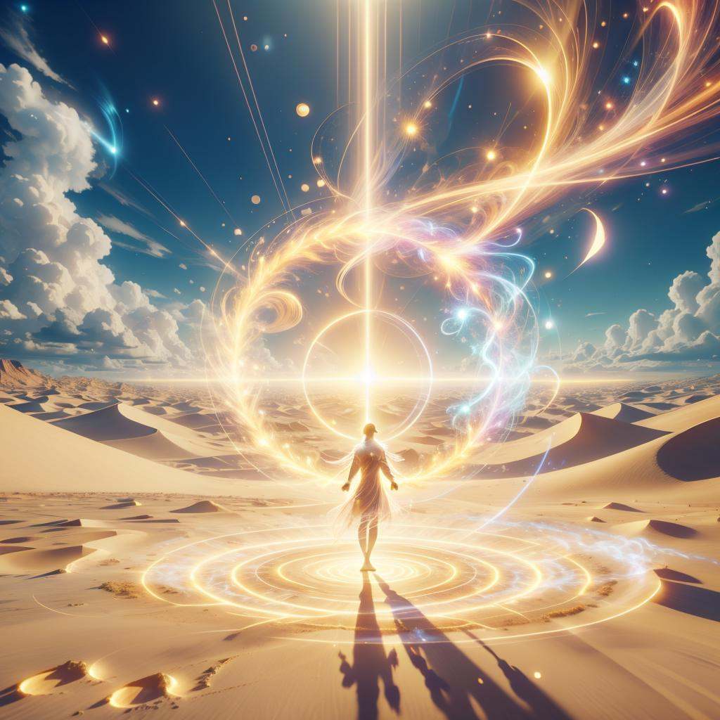 <lora:HolyMagic:0.8>, holymagic , fantasy, divine aura,  magical energy,bright sky, desert, sand