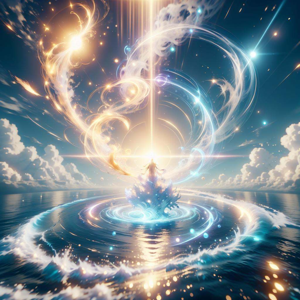 <lora:HolyMagic:0.8>, holymagic , fantasy, divine aura,  magical energy,motion blur, ocean, endless sea, moonlight,no humans, 