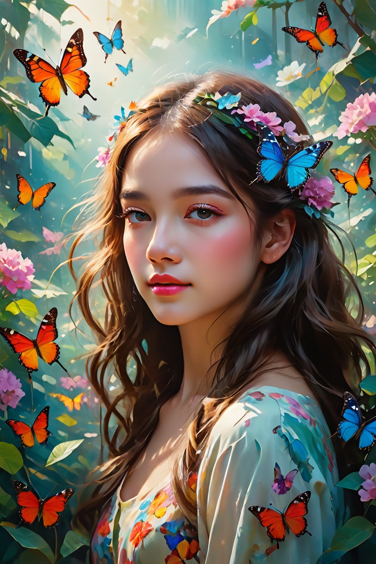 Girl with butterfly head,  Surrounded by colorful gardens,  Soft and soothing colors on Tensor.Art