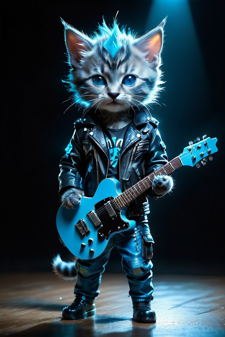 a ((Neon)) Blue alien punk kitten with spiky hair and leather jacket,  holding the guitar in one hand and ((Glowing)) An e...