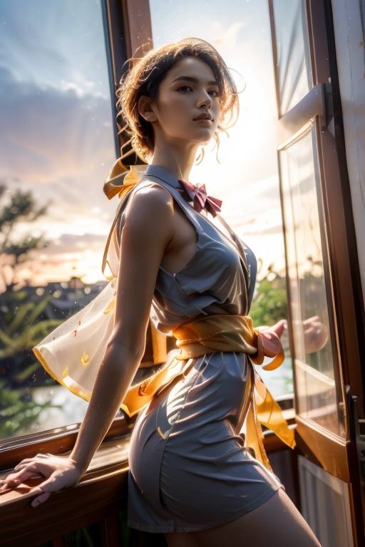 4k ultra high resolution,  mature female gazing at the horizon next to the large windows,  masterpiece on Tensor.Art