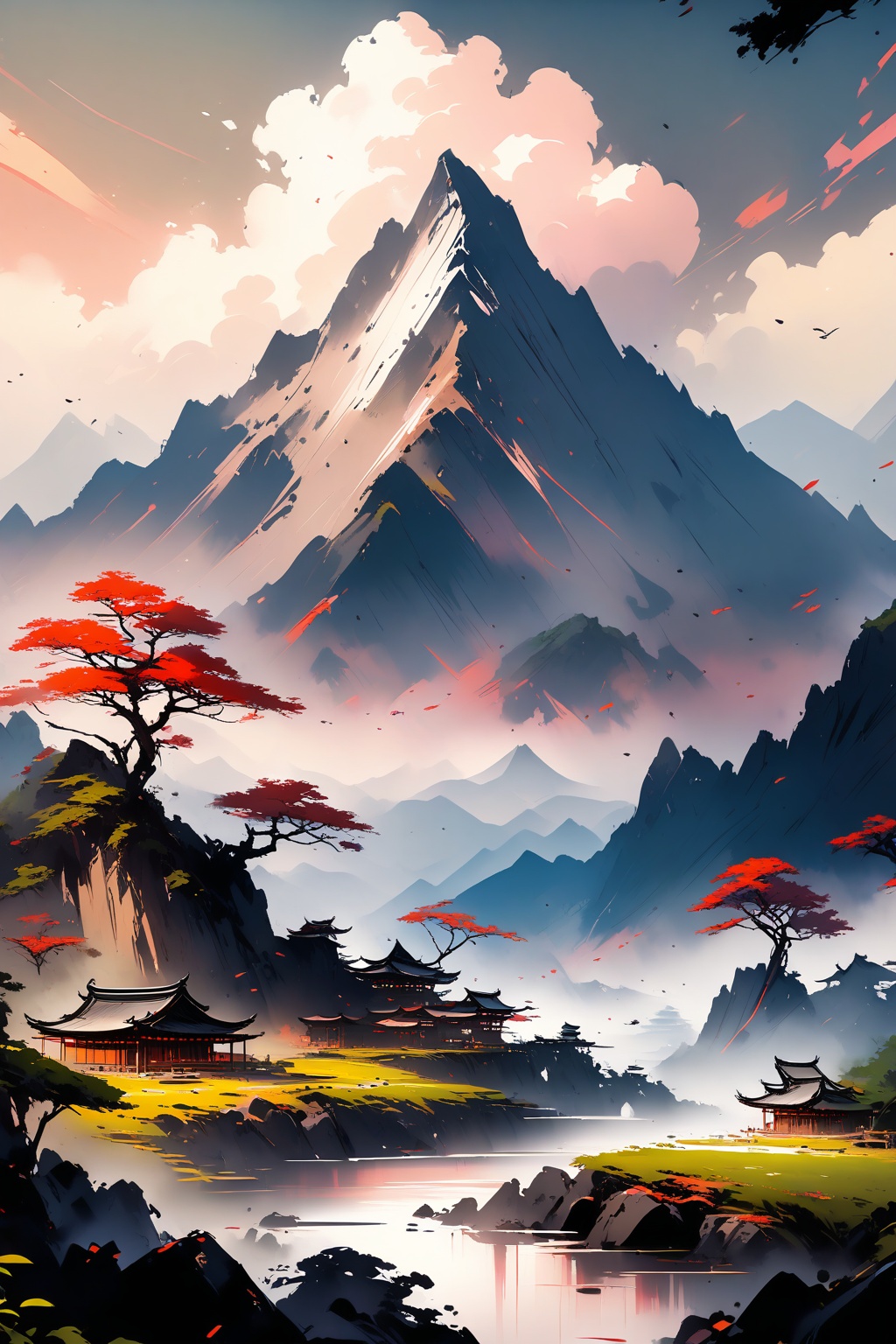 Very beautiful landscape with majestic mountains,  ancient city. INK on Tensor.Art
