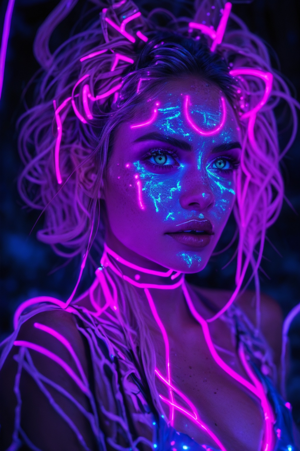 Portrait of a mystical fantasy bioluminescent neon woman. Glamorous fashionable lady. Glowing skin spot,  Glowing color,...
