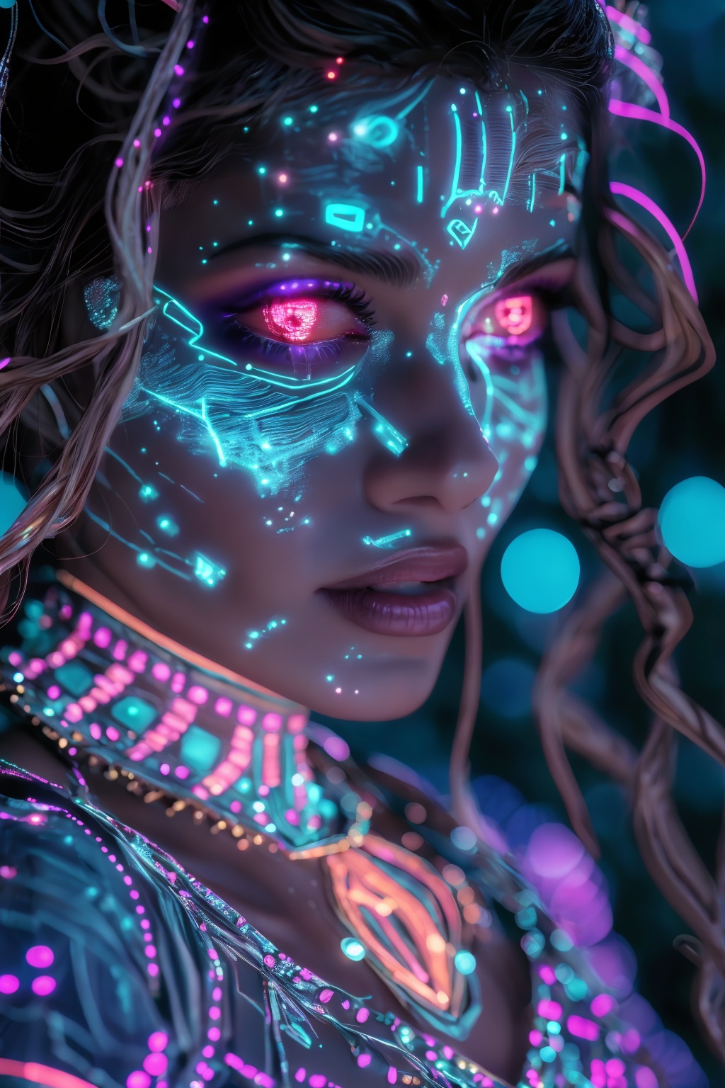Face close up,  Photo of a mystical fantasy bioluminescent neon woman. Glamorous fashionable lady,  glowing dots on face o...
