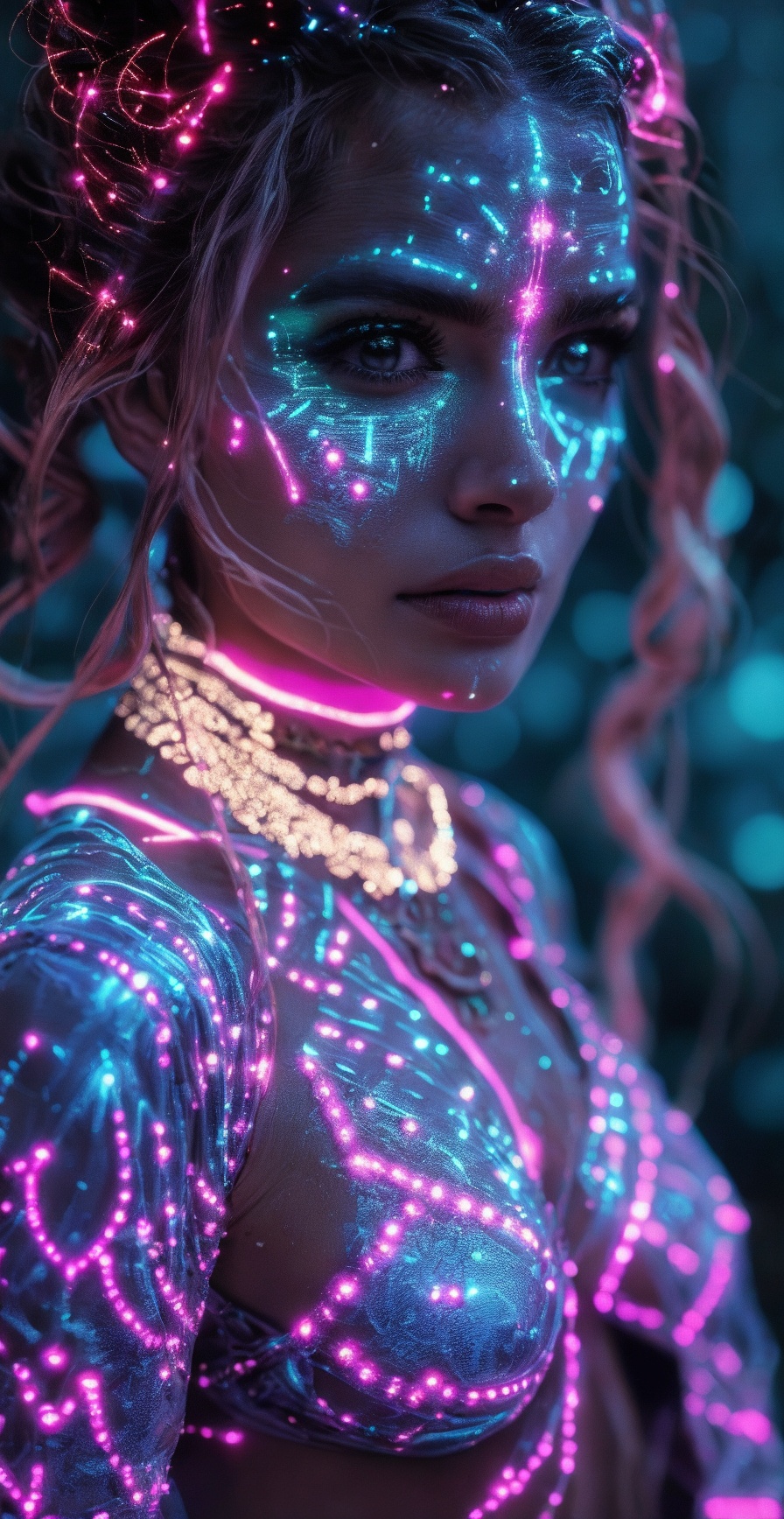 Face close up,  Photo of a mystical fantasy bioluminescent neon woman. Glamorous fashionable lady,  glowing dots on face o...