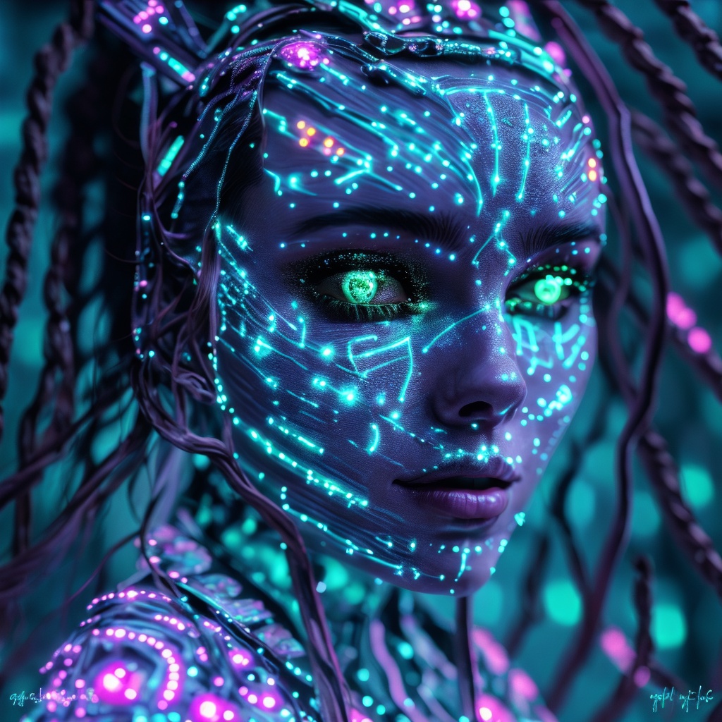 Face close up,  Photo of a mystical fantasy bioluminescent neon woman. Glamorous fashionable lady,  glowing dots on face o...