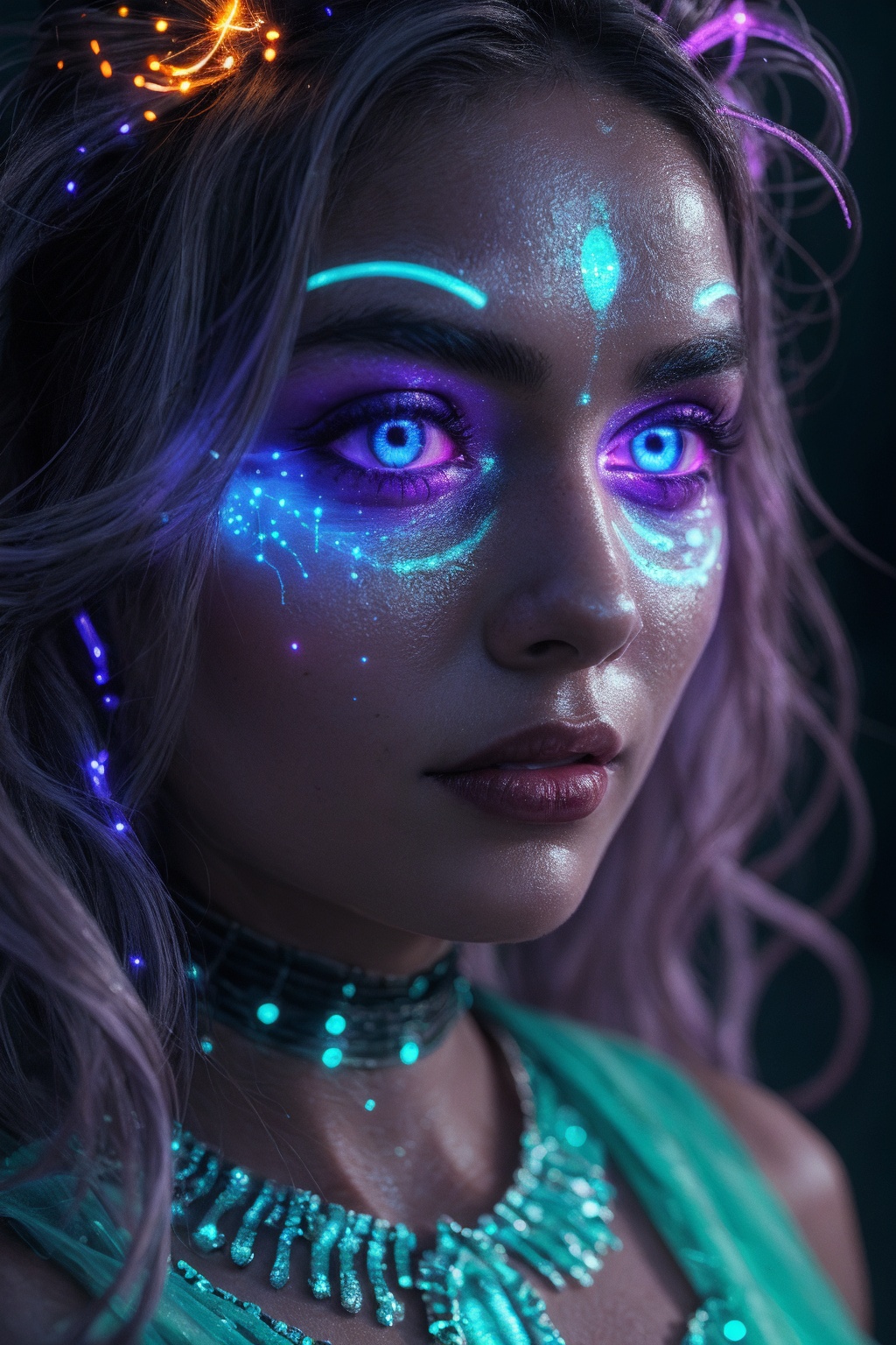 Face close up,  Photo of a mystical fantasy bioluminescent neon woman. Glamorous fashionable lady,  glowing dots on face o...