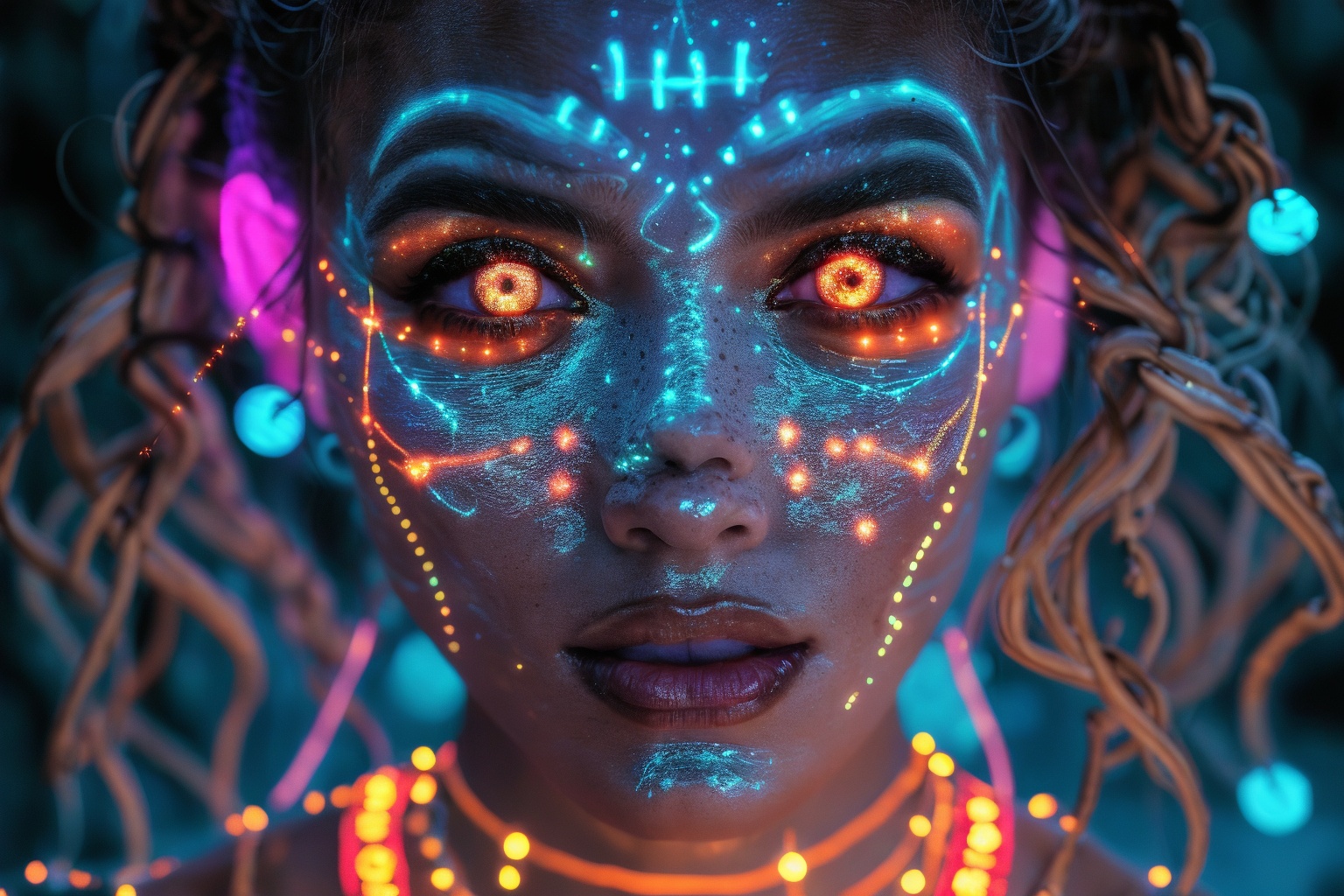 Face close up,  Photo of a mystical fantasy bioluminescent neon woman. Glamorous fashionable lady,  glowing dots on face o...