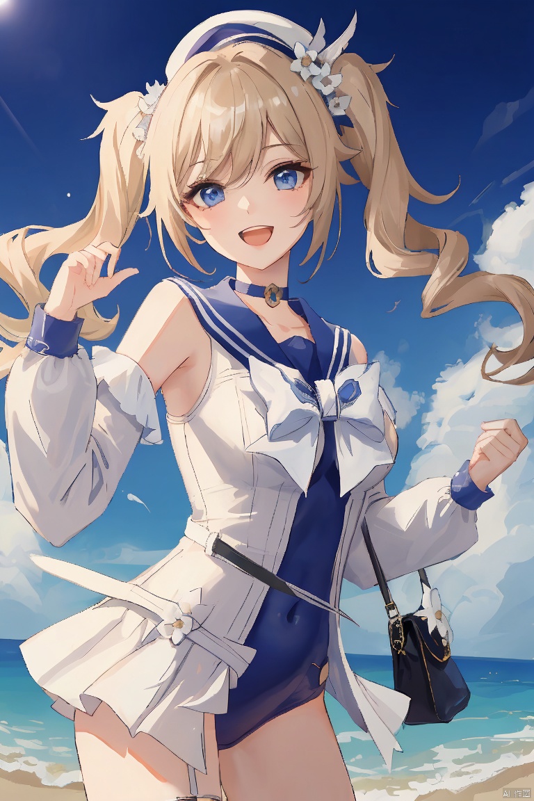  barbara, masterpiece,best quality,1girl, solo, long hair, looking at viewer, smile, open mouth, bangs, blue eyes, blonde hair, hair ornament, long sleeves, hat, bow, twintails, swimsuit, flower, :d, detached sleeves, choker, bag, official alternate costume, one-piece swimsuit, v, covered navel, drill hair, twin drills, handbag, sailor hat, double v, duck, barbara \(genshin impact\)