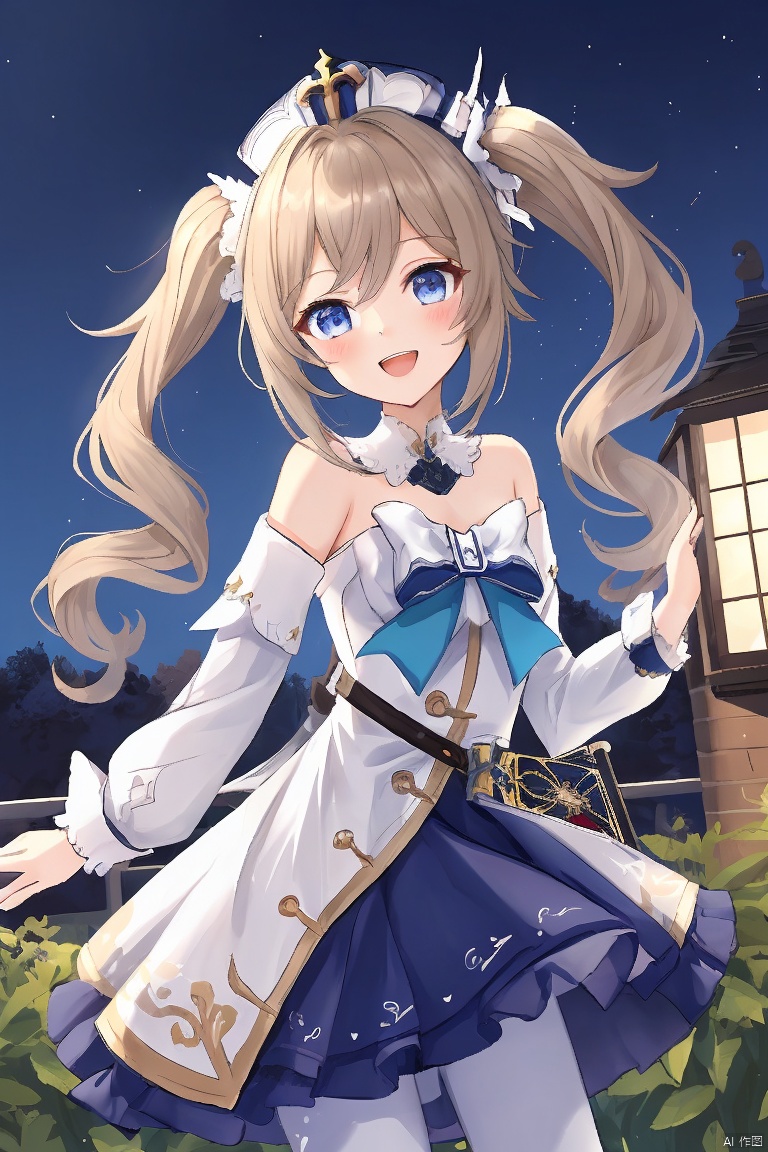barbara, barbara \(genshin impact\), 1girl, solo, dress, blue eyes, smile, white dress, twintails, long sleeves, open mouth, detached sleeves, bangs, :d, musical note, looking at viewer, hair between eyes, bare shoulders, outstretched arm, white pantyhose, vision \(genshin impact\), hat, outdoors, strapless dress, pantyhose, white headwear, blonde hair, breasts, bow, blush, long hair, strapless, building, treble clef, white sleeves, book, eighth note, sky, small breasts, hand up, detached collar, water, night, latin cross
