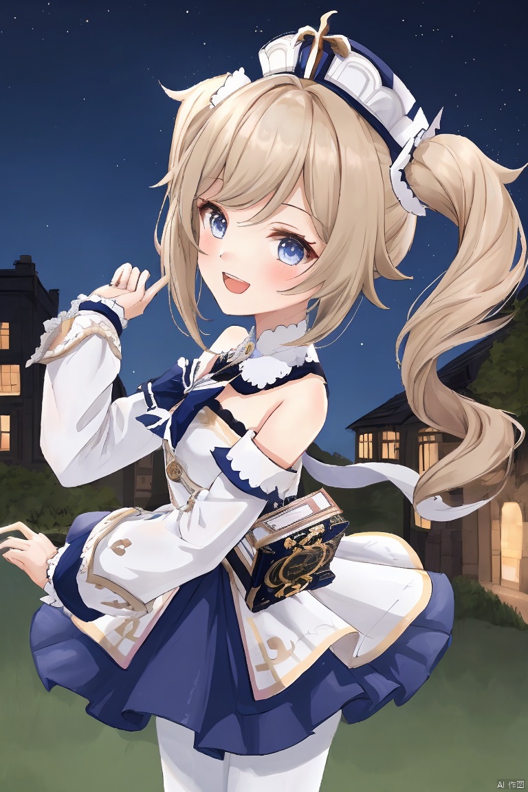 barbara, barbara \(genshin impact\), 1girl, solo, dress, blue eyes, smile, white dress, twintails, long sleeves, open mouth, detached sleeves, bangs, :d, musical note, looking at viewer, hair between eyes, bare shoulders, outstretched arm, white pantyhose, vision \(genshin impact\), hat, outdoors, strapless dress, pantyhose, white headwear, blonde hair, breasts, bow, blush, long hair, strapless, building, treble clef, white sleeves, book, eighth note, sky, small breasts, hand up, detached collar, water, night, latin cross
