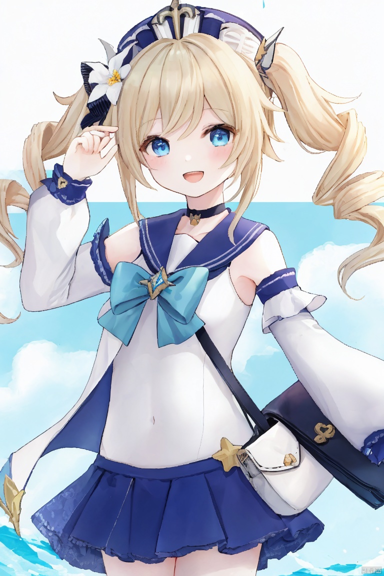  masterpiece,best quality,1girl, solo, long hair, looking at viewer, smile, open mouth, bangs, blue eyes, blonde hair, hair ornament, long sleeves, hat, bow, twintails, swimsuit, flower, :d, detached sleeves, choker, bag, official alternate costume, one-piece swimsuit, v, covered navel, drill hair, twin drills, handbag, sailor hat, double v, duck, barbara \(genshin impact\)