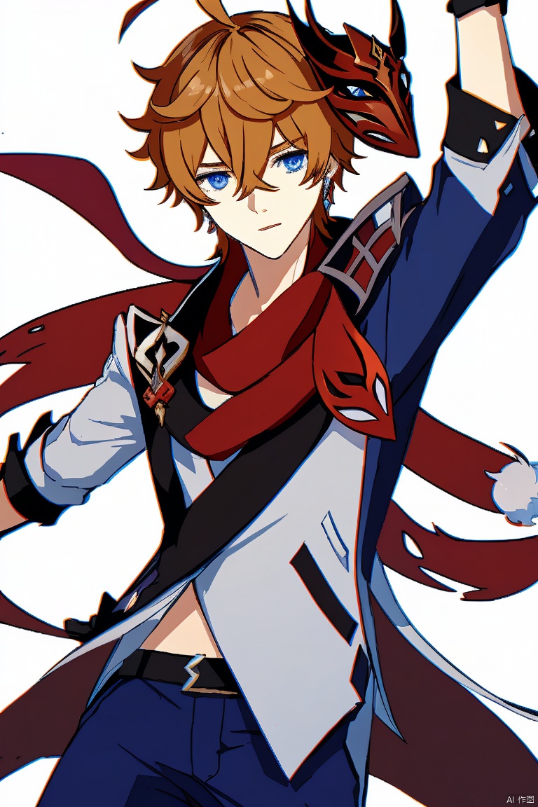  masterpiece,best quality,solo, bangs, blue eyes, gloves, 1boy, holding, hair between eyes, jewelry, closed mouth, jacket, weapon, ahoge, male focus, black gloves, pants, scarf, holding weapon, orange hair, mask, single earring, red scarf, vision \(genshin impact\), mask on head, red mask, tartaglia \(genshin impact\)