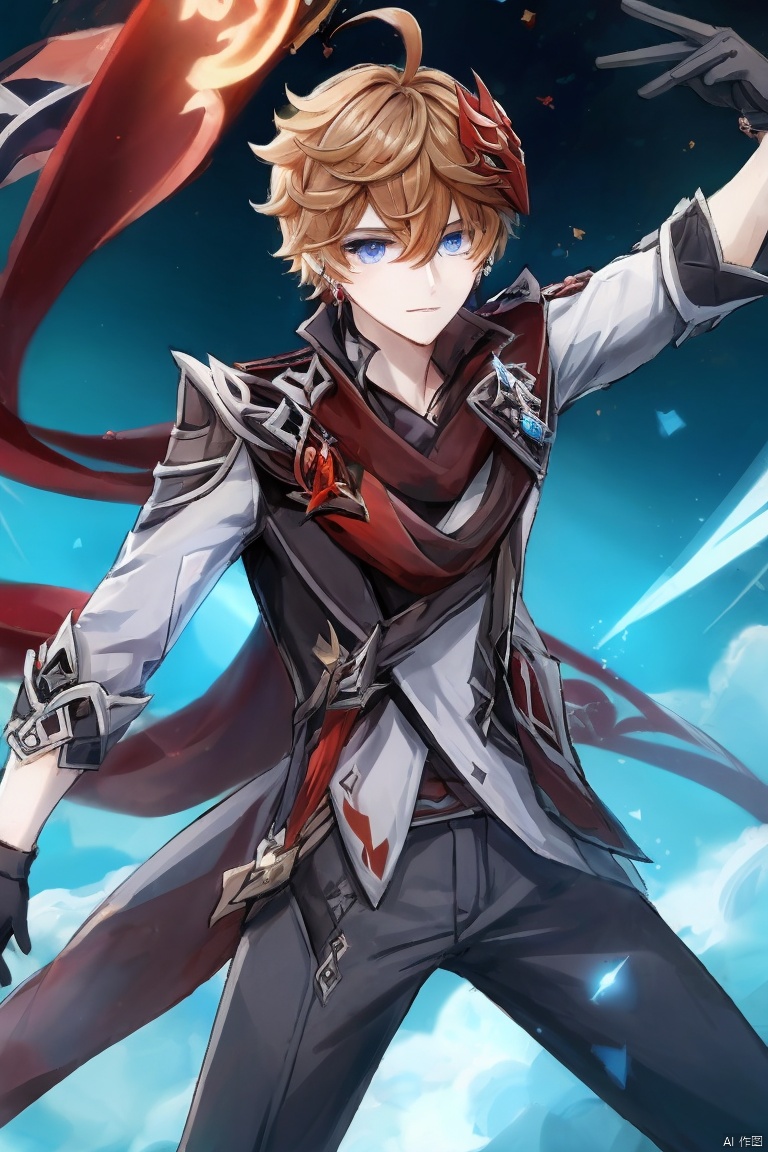  masterpiece,best quality,solo, bangs, blue eyes, gloves, 1boy, holding, hair between eyes, jewelry, closed mouth, jacket, weapon, ahoge, male focus, black gloves, pants, scarf, holding weapon, orange hair, mask, single earring, red scarf, vision \(genshin impact\), mask on head, red mask, tartaglia \(genshin impact\)