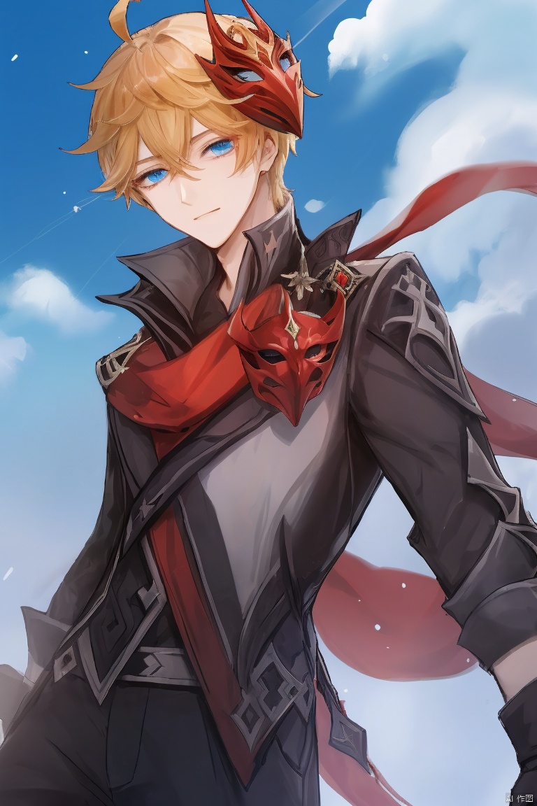  masterpiece,best quality,solo, bangs, blue eyes, gloves, 1boy, holding, hair between eyes, jewelry, closed mouth, jacket, weapon, ahoge, male focus, black gloves, pants, scarf, holding weapon, orange hair, mask, single earring, red scarf, vision \(genshin impact\), mask on head, red mask, tartaglia \(genshin impact\)