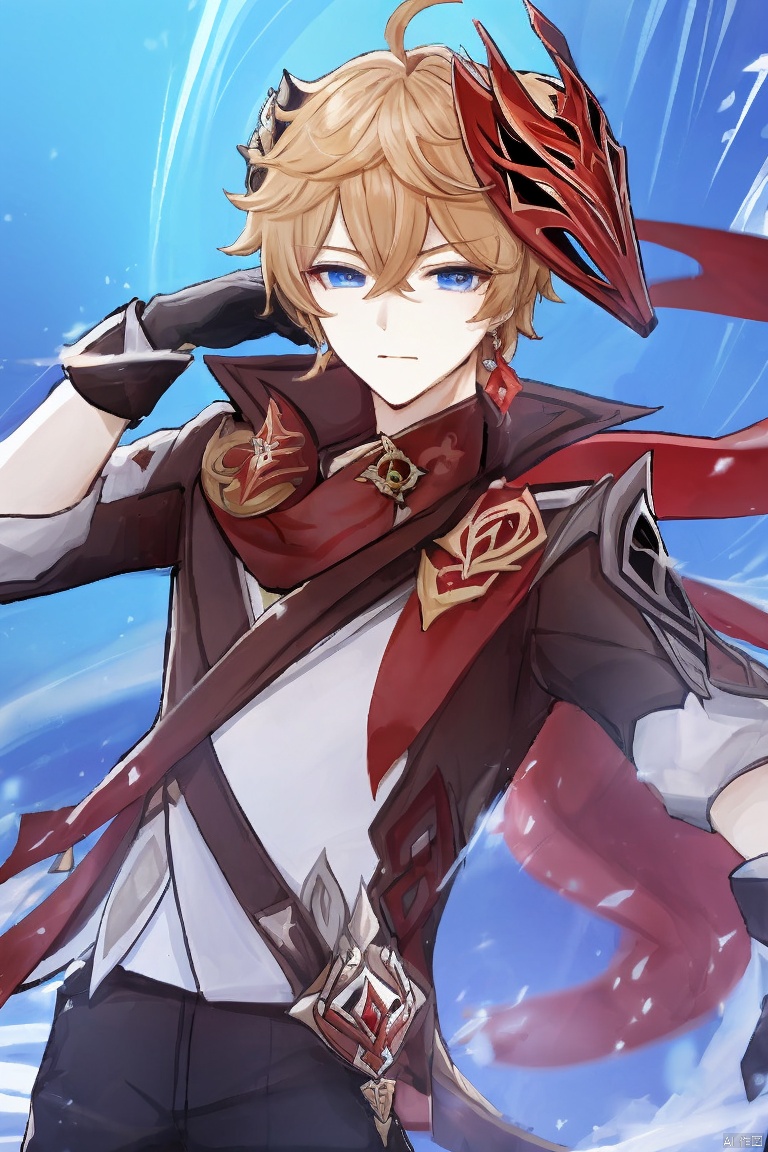  masterpiece,best quality,solo, bangs, blue eyes, gloves, 1boy, holding, hair between eyes, jewelry, closed mouth, jacket, weapon, ahoge, male focus, black gloves, pants, scarf, holding weapon, orange hair, mask, single earring, red scarf, vision \(genshin impact\), mask on head, red mask, tartaglia \(genshin impact\)