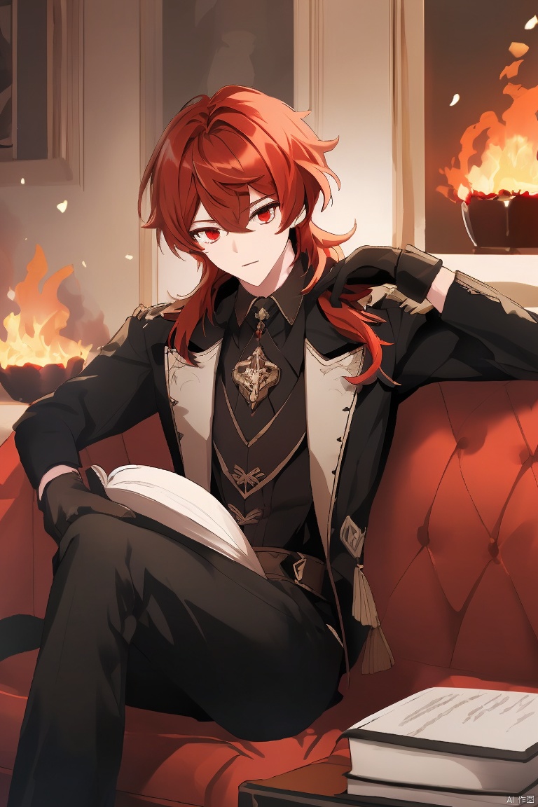  masterpiece,best quality,solo, long hair, looking at viewer, bangs, shirt, red eyes, gloves, long sleeves, 1boy, holding, hair between eyes, sitting, closed mouth, jacket, male focus, red hair, black gloves, pants, book, fire, couch, diluc \(genshin impact\)