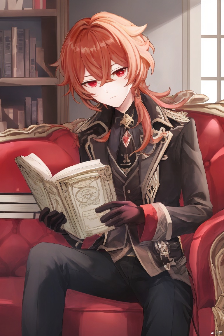  masterpiece,best quality,solo, long hair, looking at viewer, bangs, shirt, red eyes, gloves, long sleeves, 1boy, holding, hair between eyes, sitting, closed mouth, jacket, male focus, red hair, black gloves, pants, book, fire, couch, diluc \(genshin impact\)