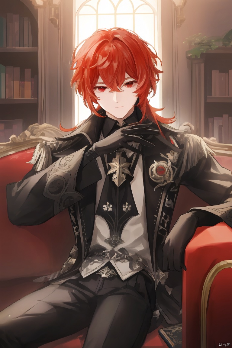  masterpiece,best quality,solo, long hair, looking at viewer, bangs, shirt, red eyes, gloves, long sleeves, 1boy, holding, hair between eyes, sitting, closed mouth, jacket, male focus, red hair, black gloves, pants, book, fire, couch, diluc \(genshin impact\)