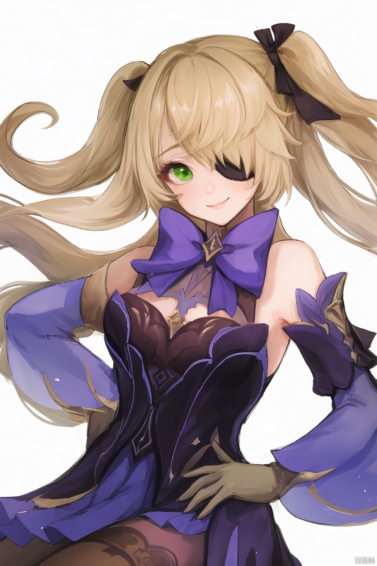  masterpiece,best quality,1girl, solo, long hair, breasts, looking at viewer, smile, bangs, blonde hair, simple background, hair ornament, thighhighs, gloves, white background, bow, ribbon, green eyes, hair ribbon, pantyhose, detached sleeves, hair over one eye, two side up, eyepatch, single glove, bodystocking, fischl \(genshin impact\)