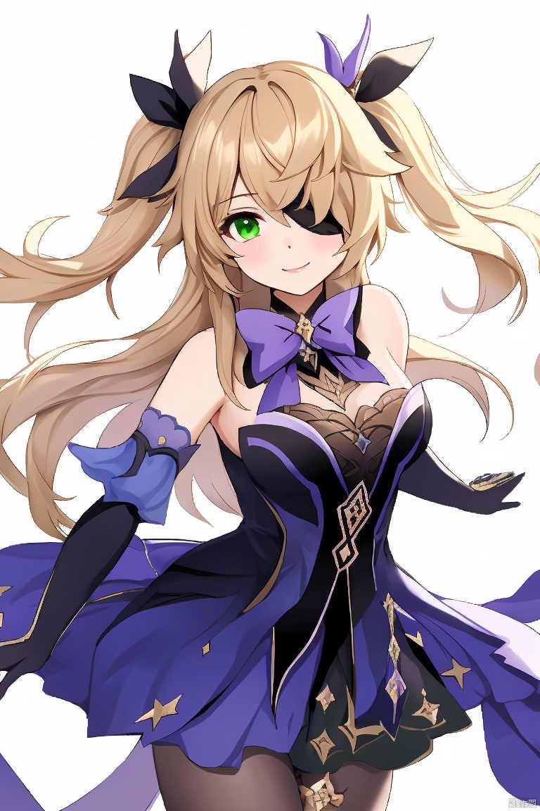  masterpiece,best quality,1girl, solo, long hair, breasts, looking at viewer, smile, bangs, blonde hair, simple background, hair ornament, thighhighs, gloves, white background, bow, ribbon, green eyes, hair ribbon, pantyhose, detached sleeves, hair over one eye, two side up, eyepatch, single glove, bodystocking, fischl \(genshin impact\)