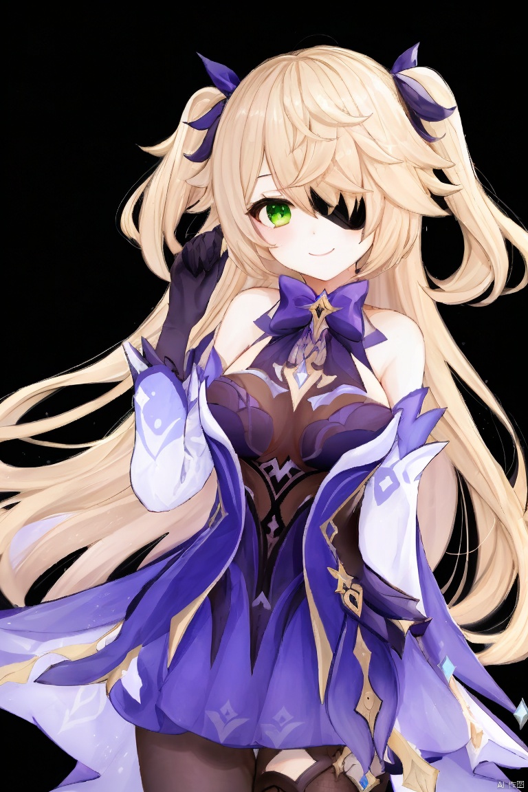  masterpiece,best quality,1girl, solo, long hair, breasts, looking at viewer, smile, bangs, blonde hair, simple background, hair ornament, thighhighs, gloves, white background, bow, ribbon, green eyes, hair ribbon, pantyhose, detached sleeves, hair over one eye, two side up, eyepatch, single glove, bodystocking, fischl \(genshin impact\)
