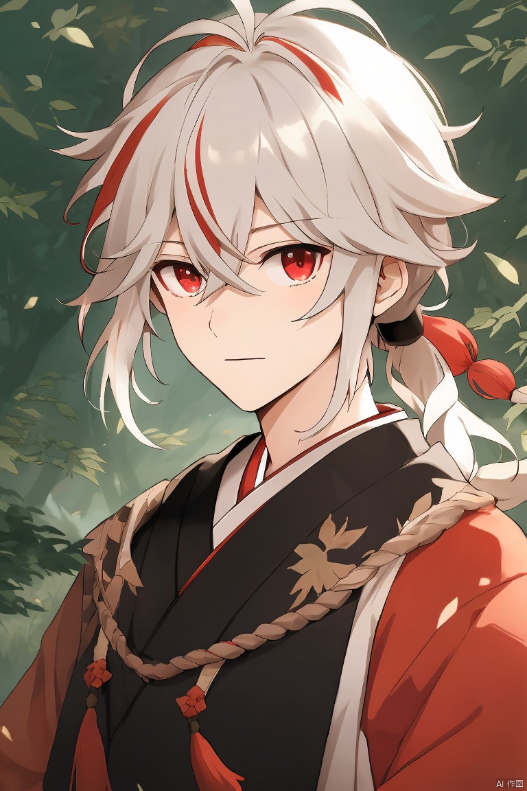  masterpiece,best quality,solo, looking at viewer, bangs, red eyes, 1boy, hair between eyes, closed mouth, upper body, ponytail, white hair, male focus, red hair, multicolored hair, outdoors, japanese clothes, streaked hair, leaf, antenna hair, tassel, portrait, nature, forest, crossed bangs, kaedehara kazuha