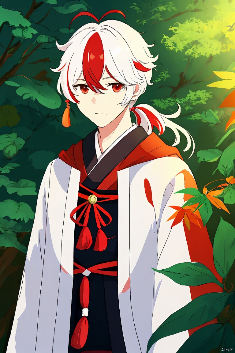  masterpiece,best quality,solo, looking at viewer, bangs, red eyes, 1boy, hair between eyes, closed mouth, upper body, ponytail, white hair, male focus, red hair, multicolored hair, outdoors, japanese clothes, streaked hair, leaf, antenna hair, tassel, portrait, nature, forest, crossed bangs, kaedehara kazuha