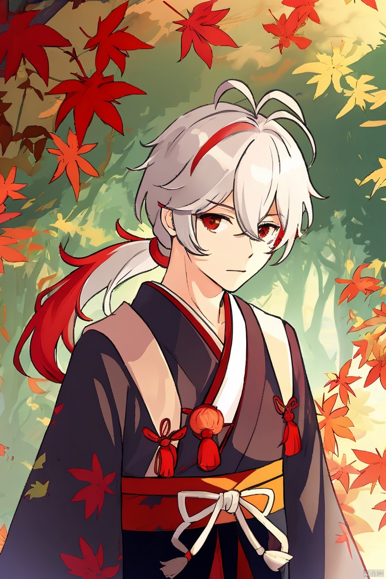  masterpiece,best quality,solo, looking at viewer, bangs, red eyes, 1boy, hair between eyes, closed mouth, upper body, ponytail, white hair, male focus, red hair, multicolored hair, outdoors, japanese clothes, streaked hair, leaf, antenna hair, tassel, portrait, nature, forest, crossed bangs, kaedehara kazuha