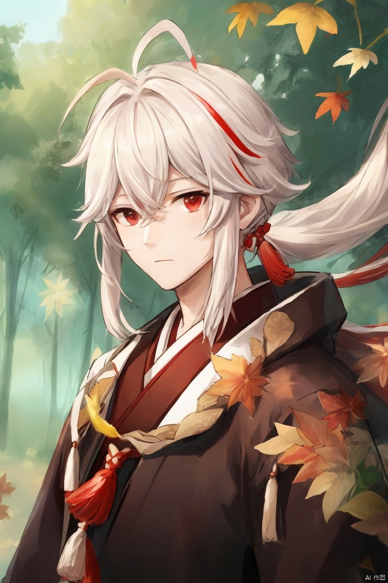  masterpiece,best quality,solo, looking at viewer, bangs, red eyes, 1boy, hair between eyes, closed mouth, upper body, ponytail, white hair, male focus, red hair, multicolored hair, outdoors, japanese clothes, streaked hair, leaf, antenna hair, tassel, portrait, nature, forest, crossed bangs, kaedehara kazuha
