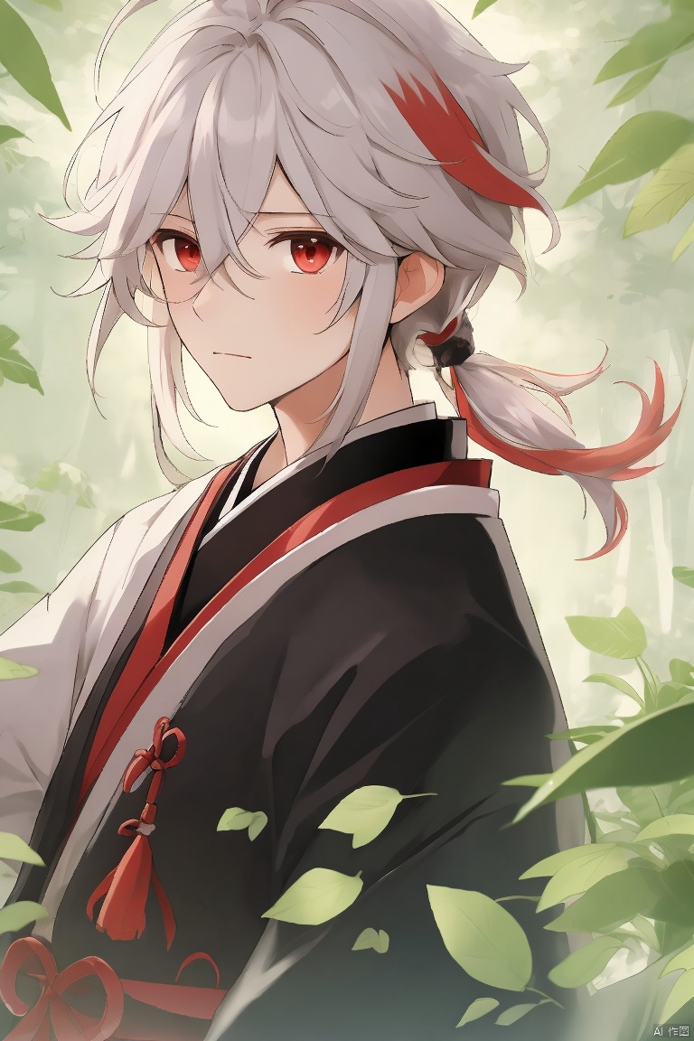  masterpiece,best quality,solo, looking at viewer, bangs, red eyes, 1boy, hair between eyes, closed mouth, upper body, ponytail, white hair, male focus, red hair, multicolored hair, outdoors, japanese clothes, streaked hair, leaf, antenna hair, tassel, portrait, nature, forest, crossed bangs, kaedehara kazuha