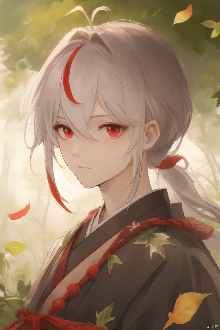  masterpiece,best quality,solo, looking at viewer, bangs, red eyes, 1boy, hair between eyes, closed mouth, upper body, ponytail, white hair, male focus, red hair, multicolored hair, outdoors, japanese clothes, streaked hair, leaf, antenna hair, tassel, portrait, nature, forest, crossed bangs, kaedehara kazuha