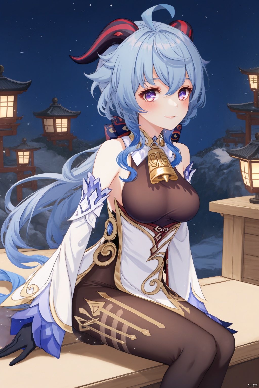 gan yu, 1girl, solo, ganyu \(genshin impact\), breasts, horns, long hair, bell, ahoge, detached sleeves, looking at viewer, blue hair, sitting, purple eyes, gloves, vision \(genshin impact\), bangs, bare shoulders, smile, black gloves, medium breasts, neck bell, sidelocks, white sleeves, gold trim, night, blush, pantyhose, outdoors, black pantyhose