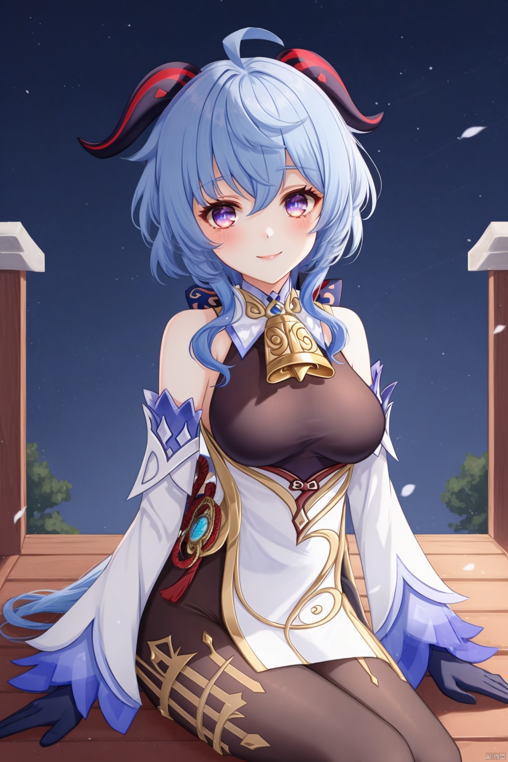 gan yu, 1girl, solo, ganyu \(genshin impact\), breasts, horns, long hair, bell, ahoge, detached sleeves, looking at viewer, blue hair, sitting, purple eyes, gloves, vision \(genshin impact\), bangs, bare shoulders, smile, black gloves, medium breasts, neck bell, sidelocks, white sleeves, gold trim, night, blush, pantyhose, outdoors, black pantyhose