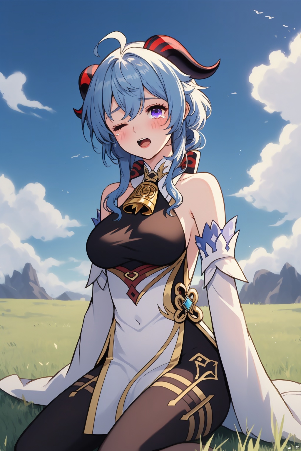 gan yu, 1girl, ganyu \(genshin impact\), solo, ahoge, breasts, horns, one eye closed, long hair, blue hair, bell, sitting, rubbing eyes, purple eyes, detached sleeves, gloves, black gloves, outdoors, sky, looking at viewer, bangs, bare shoulders, open mouth, blush, gold trim, neck bell, grass, white sleeves, blue sky, day, cloud, pantyhose, covered navel, tears, medium breasts, sidelocks, goat horns, large breasts, waking up, wariza, wiping tears, bodystocking, thighlet, long sleeves