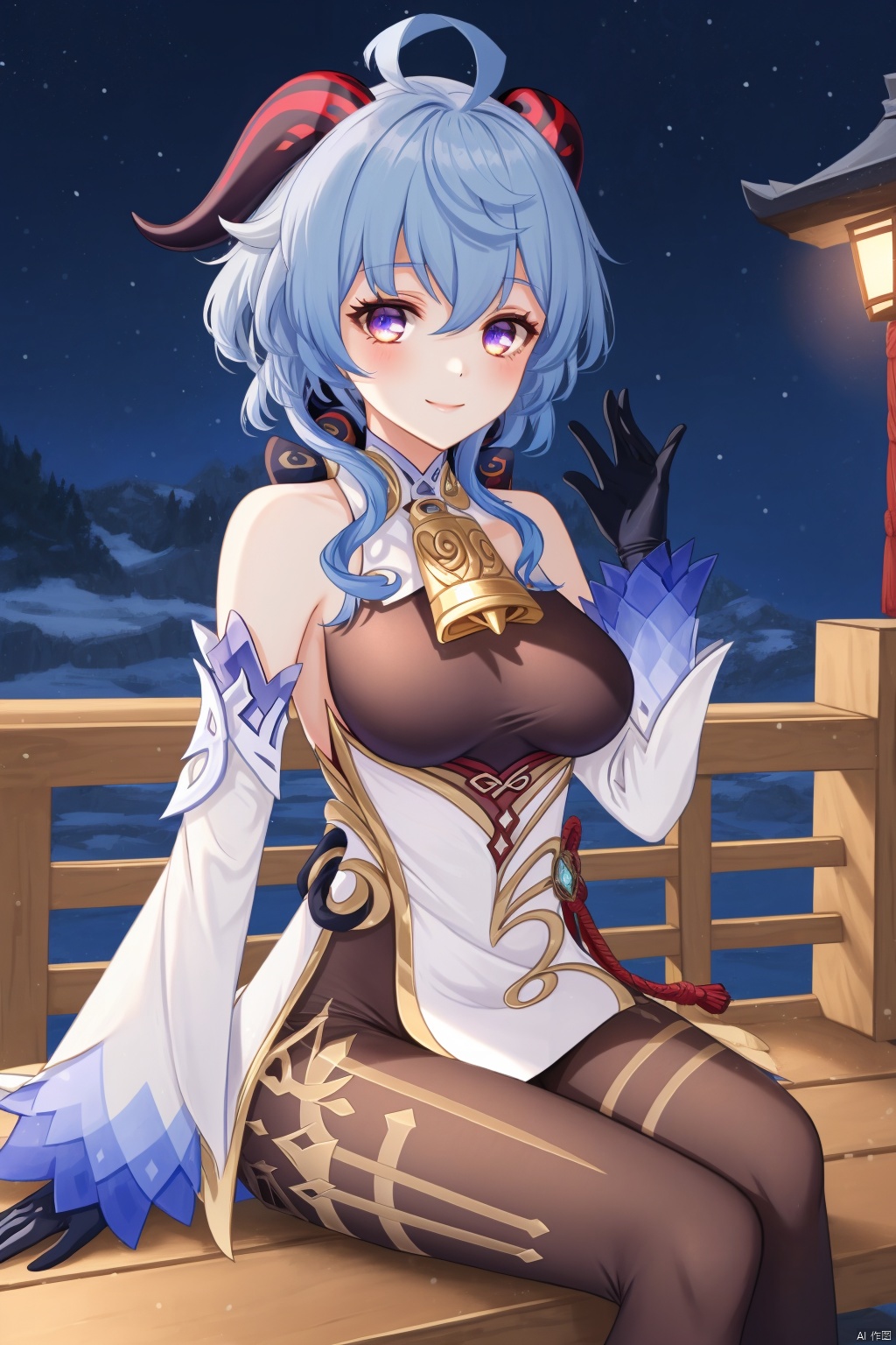 gan yu, 1girl, solo, ganyu \(genshin impact\), breasts, horns, long hair, bell, ahoge, detached sleeves, looking at viewer, blue hair, sitting, purple eyes, gloves, vision \(genshin impact\), bangs, bare shoulders, smile, black gloves, medium breasts, neck bell, sidelocks, white sleeves, gold trim, night, blush, pantyhose, outdoors, black pantyhose