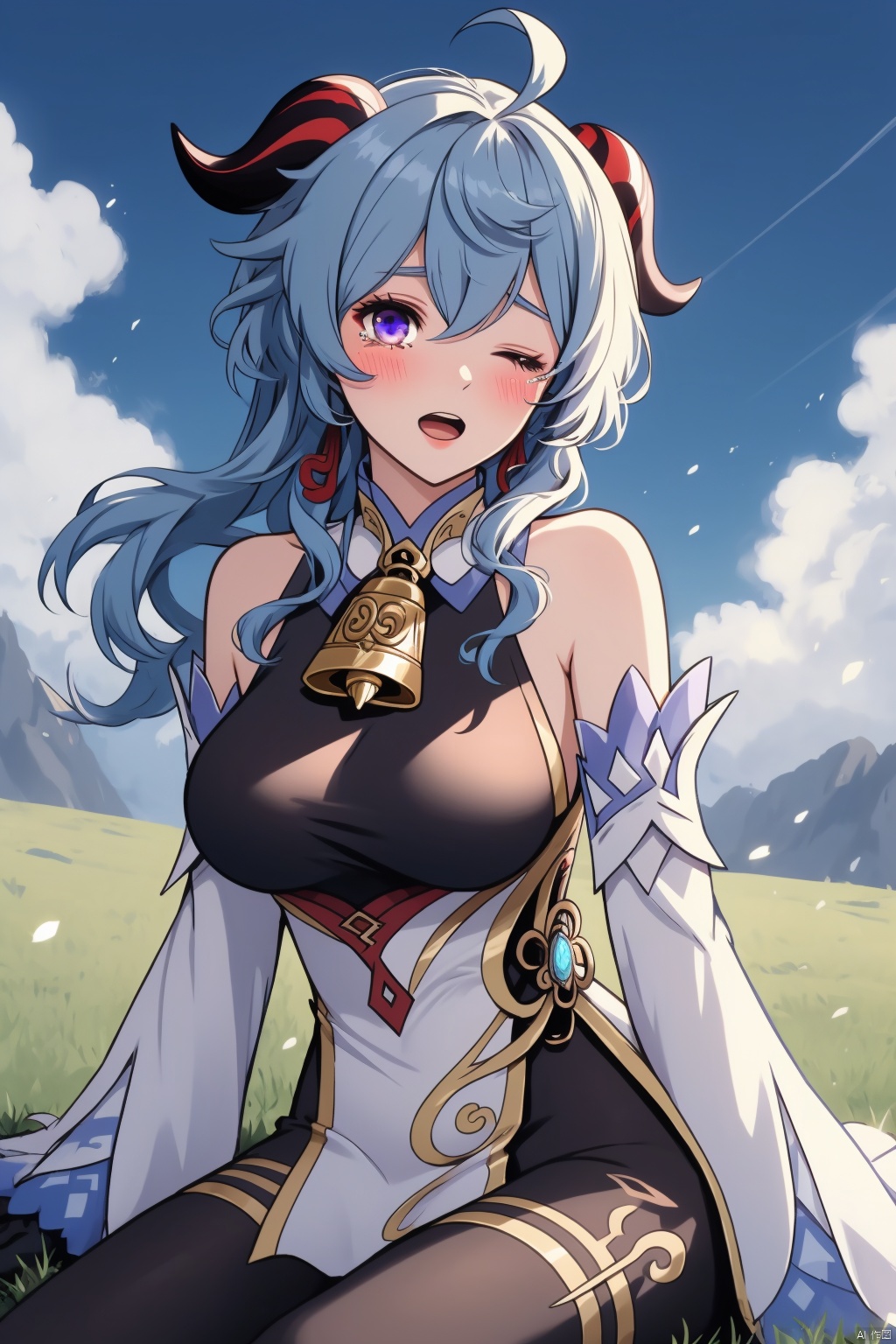 gan yu, 1girl, ganyu \(genshin impact\), solo, ahoge, breasts, horns, one eye closed, long hair, blue hair, bell, sitting, rubbing eyes, purple eyes, detached sleeves, gloves, black gloves, outdoors, sky, looking at viewer, bangs, bare shoulders, open mouth, blush, gold trim, neck bell, grass, white sleeves, blue sky, day, cloud, pantyhose, covered navel, tears, medium breasts, sidelocks, goat horns, large breasts, waking up, wariza, wiping tears, bodystocking, thighlet, long sleeves