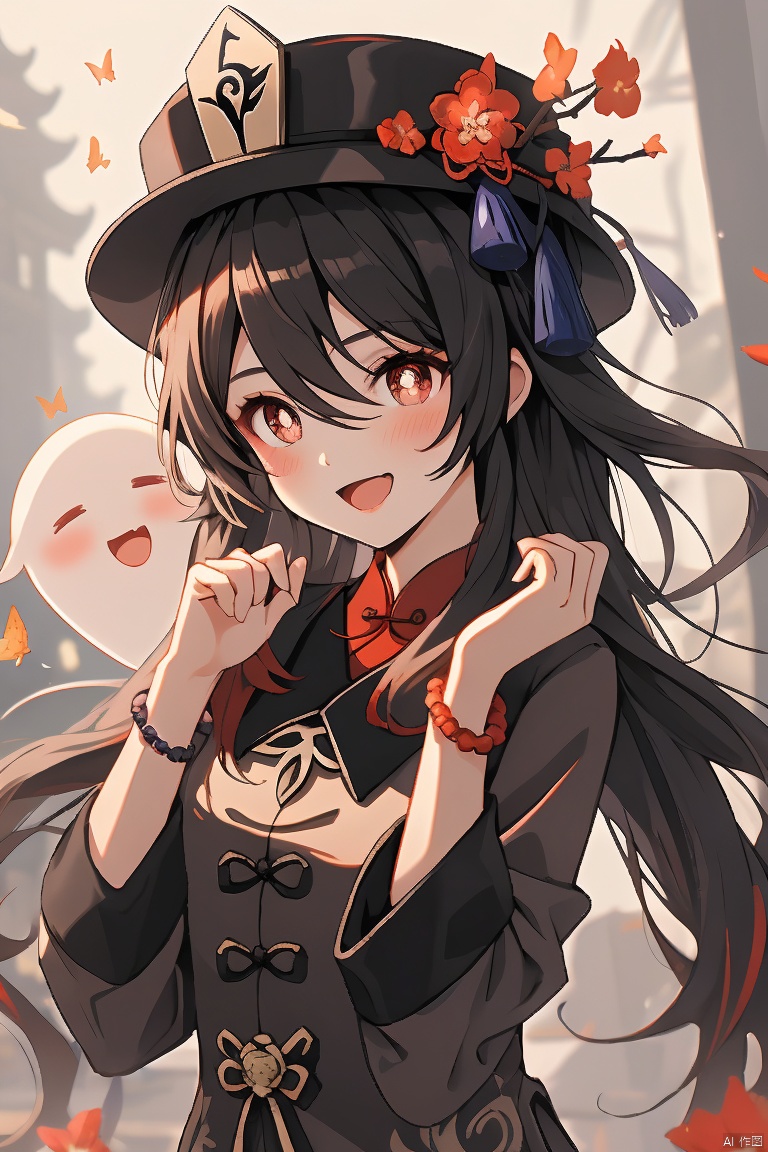 hu tao, 1girl, hu tao \(genshin impact\), hat, smile, flower, boo tao \(genshin impact\), jewelry, twintails, blush, bug, red eyes, butterfly, looking at viewer, long sleeves, open mouth, solo, hat flower, long hair, symbol-shaped pupils, bracelet, bead bracelet, black headwear, beads, brown hair, ghost, hair between eyes, bangs, :d, flower-shaped pupils, coat, multicolored hair, plum blossoms, very long hair, upper body, gradient hair, brown coat, hands up, blurry background, hair flaps, red flower, chinese clothes, shirt, red shirt, blurry, wide sleeves, fang