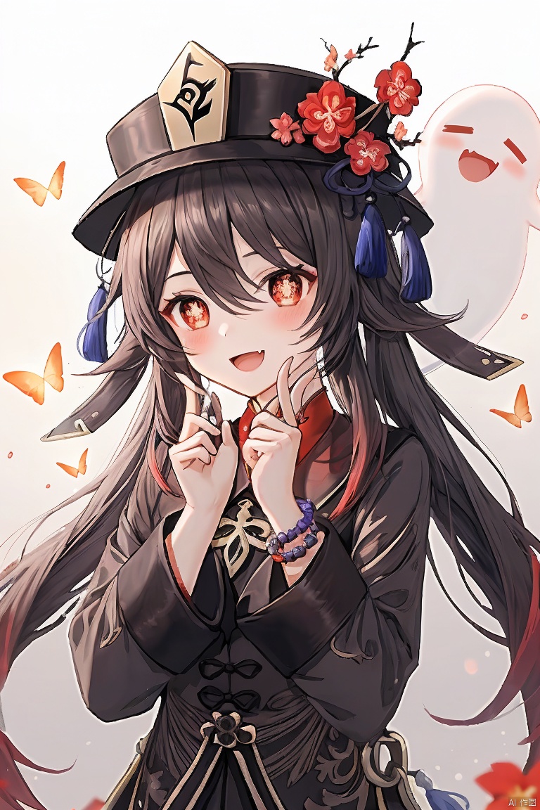 hu tao, 1girl, hu tao \(genshin impact\), hat, smile, flower, boo tao \(genshin impact\), jewelry, twintails, blush, bug, red eyes, butterfly, looking at viewer, long sleeves, open mouth, solo, hat flower, long hair, symbol-shaped pupils, bracelet, bead bracelet, black headwear, beads, brown hair, ghost, hair between eyes, bangs, :d, flower-shaped pupils, coat, multicolored hair, plum blossoms, very long hair, upper body, gradient hair, brown coat, hands up, blurry background, hair flaps, red flower, chinese clothes, shirt, red shirt, blurry, wide sleeves, fang