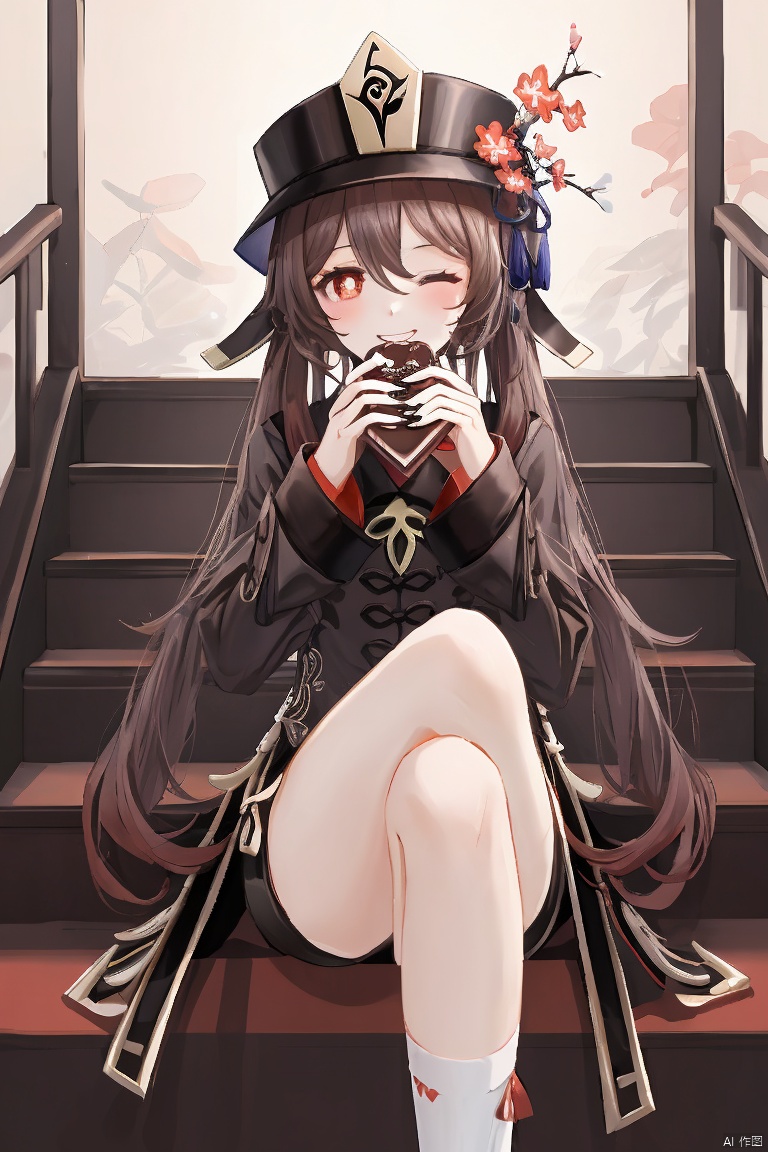 hu tao, masterpiece,best quality,1girl, solo, long hair, looking at viewer, smile, brown hair, red eyes, long sleeves, hat, hair between eyes, twintails, sitting, flower, one eye closed, shorts, socks, english text, symbol-shaped pupils, short shorts, chinese clothes, black shorts, crossed legs, white socks, black nails, happy birthday, chocolate, stairs, valentine, hu tao \(genshin impact\)