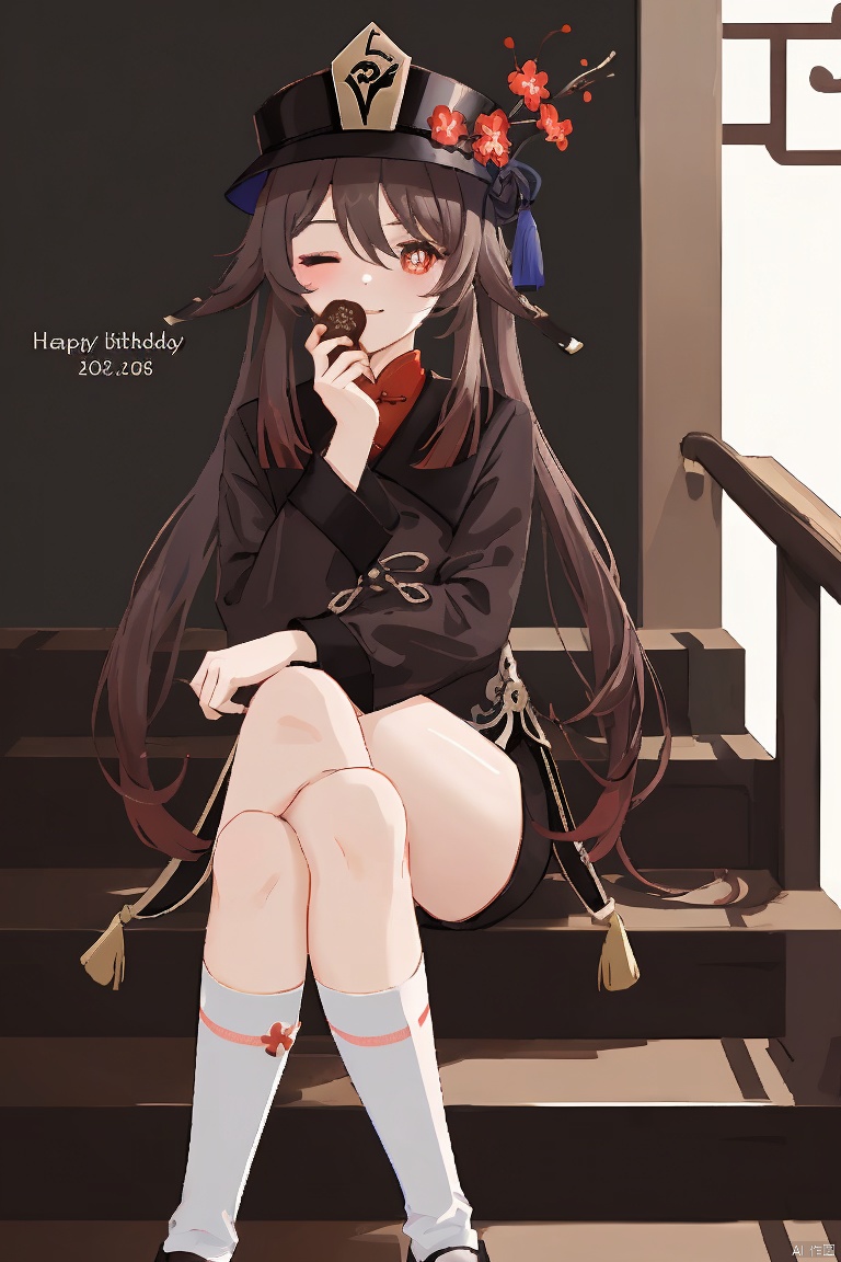 hu tao, masterpiece,best quality,1girl, solo, long hair, looking at viewer, smile, brown hair, red eyes, long sleeves, hat, hair between eyes, twintails, sitting, flower, one eye closed, shorts, socks, english text, symbol-shaped pupils, short shorts, chinese clothes, black shorts, crossed legs, white socks, black nails, happy birthday, chocolate, stairs, valentine, hu tao \(genshin impact\)